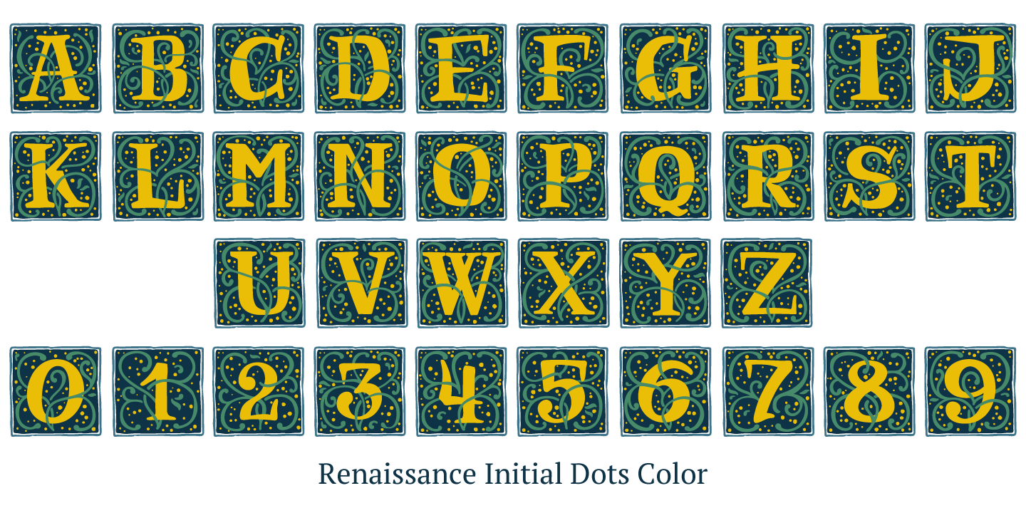 Przykład czcionki Renaissance Initial Dots Color